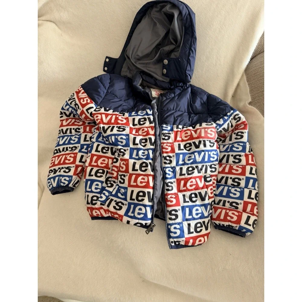 Levi's Kids Puffer Jacket M 10-12 Years All Over Logo Print Red White Blue Navy